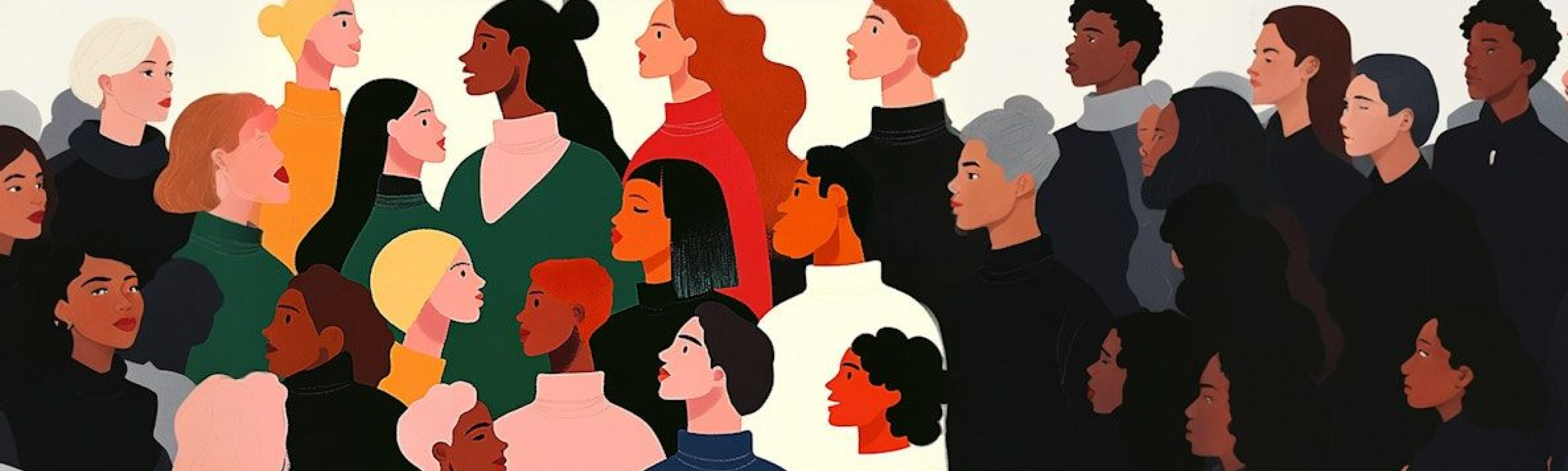 Colorful illustration of diverse people in vibrant clothing, showcasing unity and diversity with various skin tones and hairstyles.