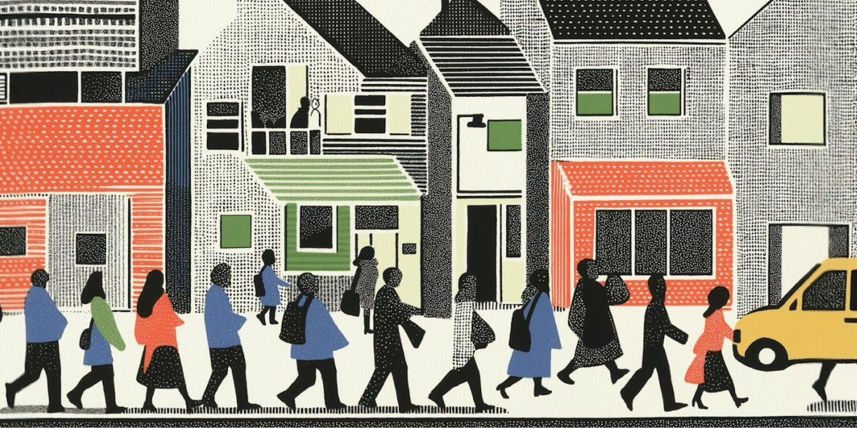 Stylized illustration of people walking past geometric houses with a yellow car. Minimalist design with bold colors and patterns.