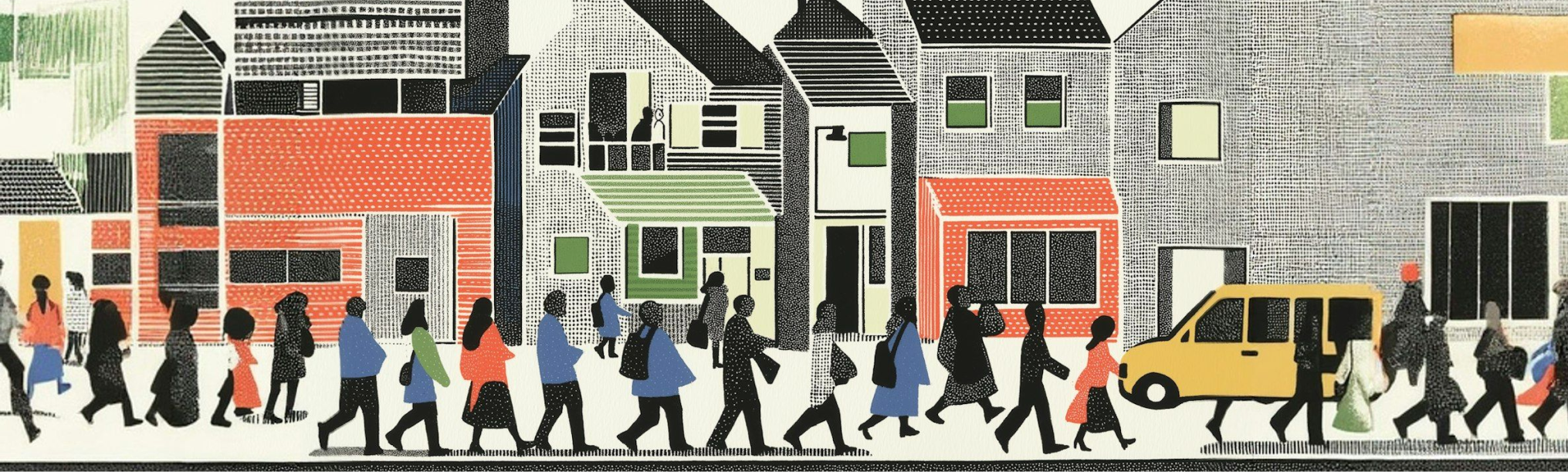 Stylized illustration of people walking past geometric houses with a yellow car. Minimalist design with bold colors and patterns.