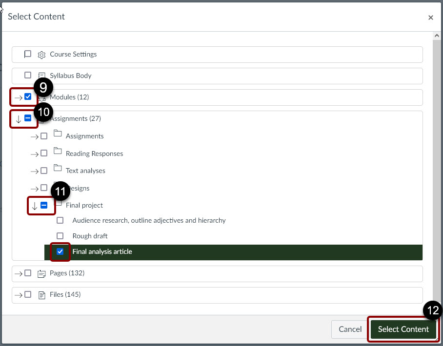 Select Content menu.