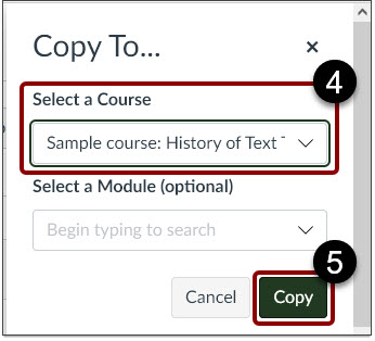 Select a Course menu and Copy button.