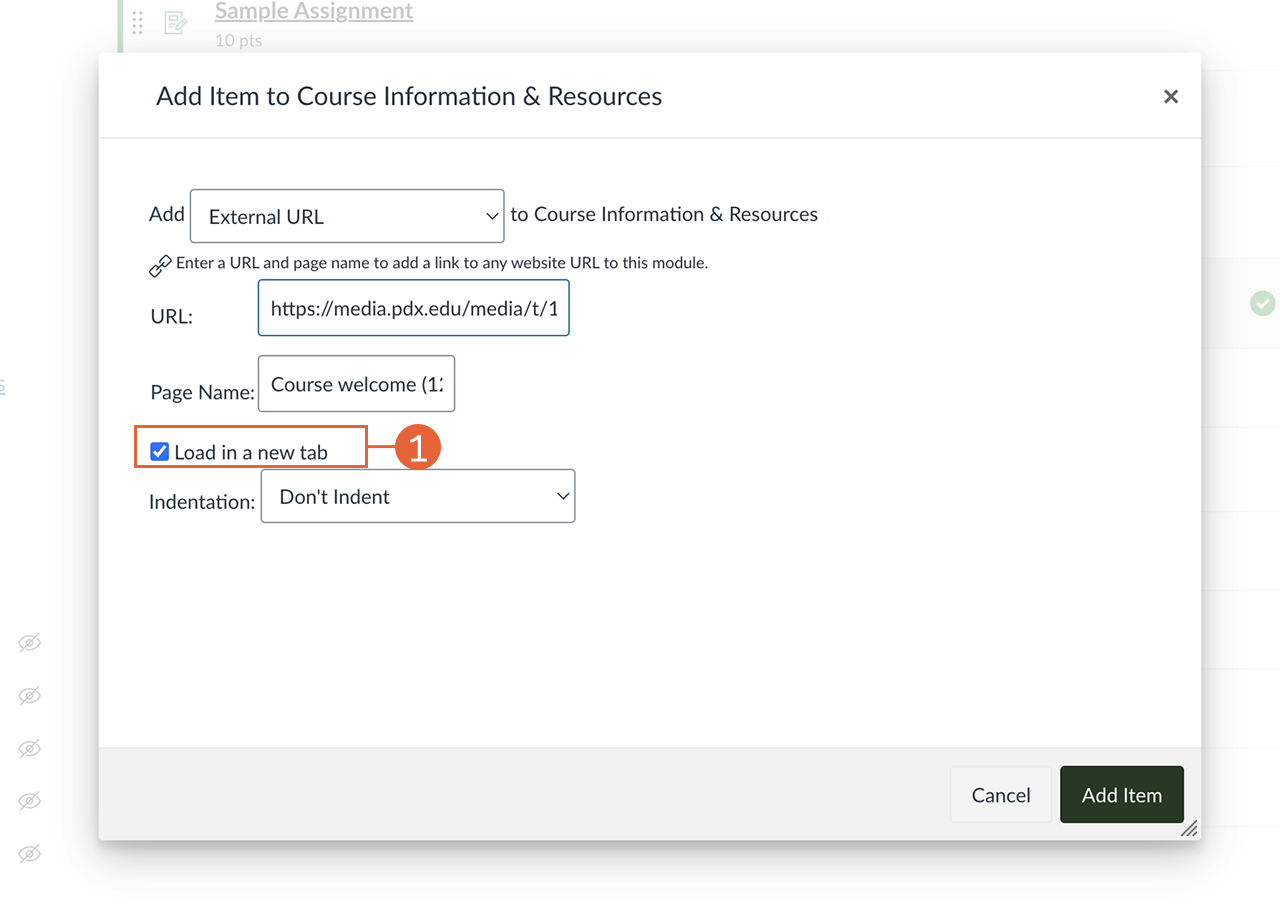 Add external link Canvas dialog box with load in a new tab checkbox highlighted.