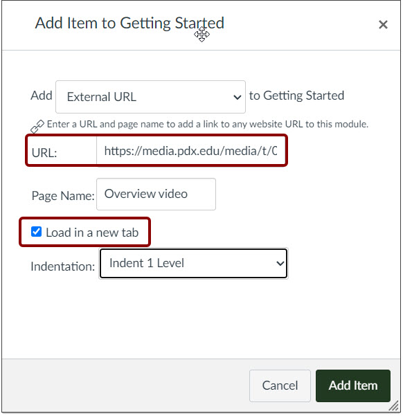 Canvas add external URL to modules UI, Load in new tab checkbox.