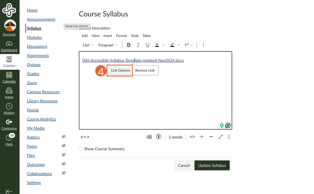 Editing window of Syllabus tool with hyperlink selected and link options highlighted