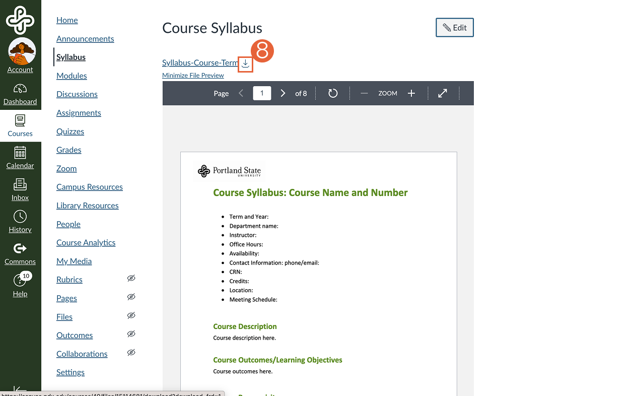 Syllabus tool view with file download button highlighted