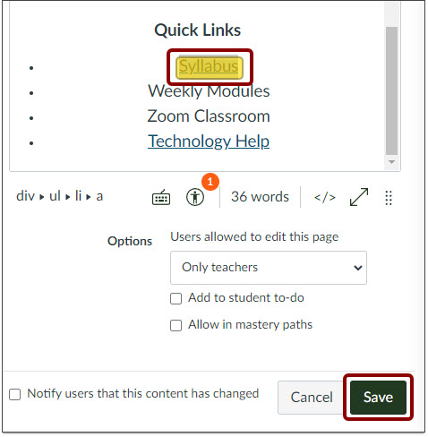 Hyperlink created, Save button highlighted.