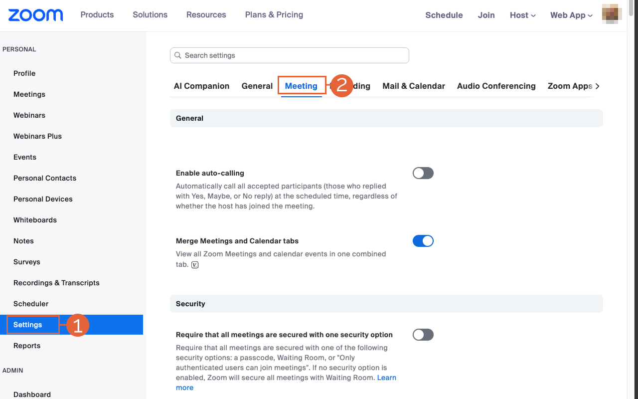 Zoom account In-Meeting Settings