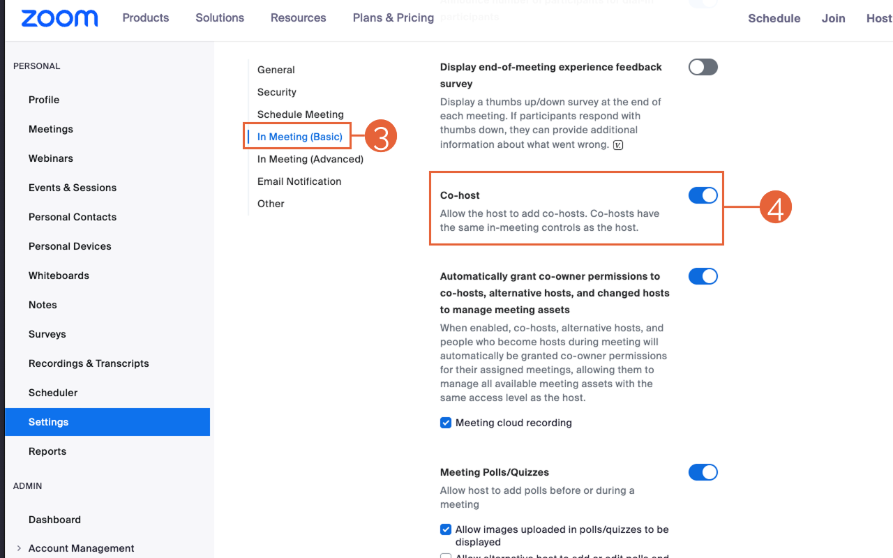 Zoom In Meeting Settings scrolled down to reveal cohost option