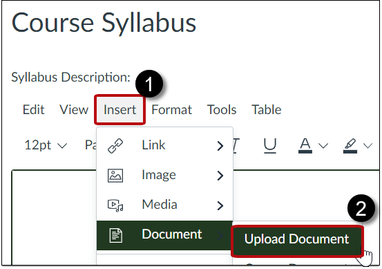 Syllabus description insert menu with document upload selected.