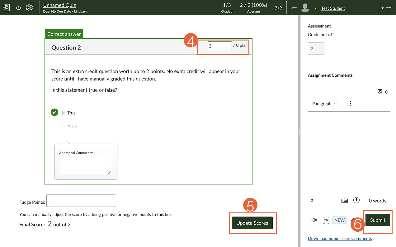 Extra credit quiz question grading panes in SpeedGrader.