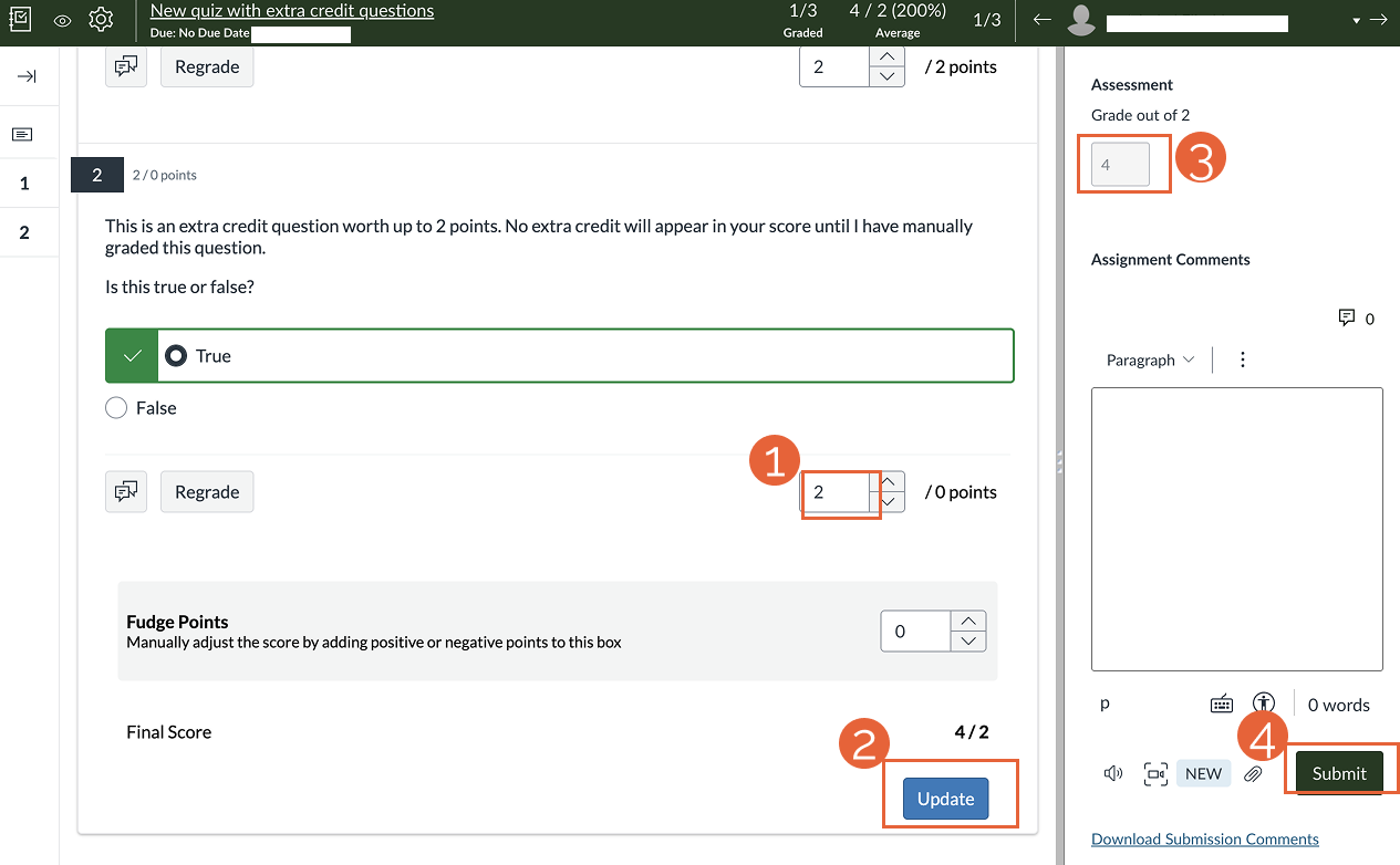Speedgrader page with extra credit question in focus. Question points, update button, total assessment grade, and submit button highlighted.