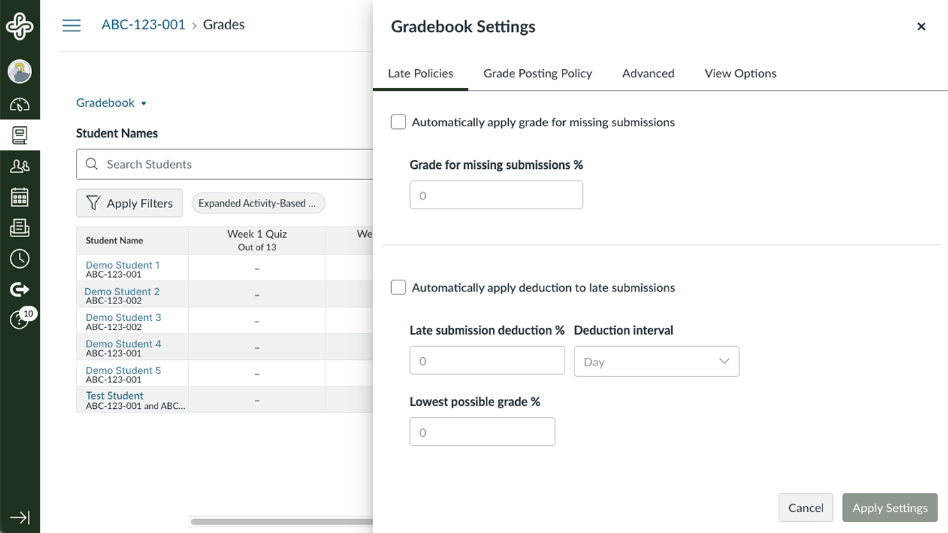 Canvas Gradebook late policies settings with options to apply default grades for missing work and deductions for late submissions.