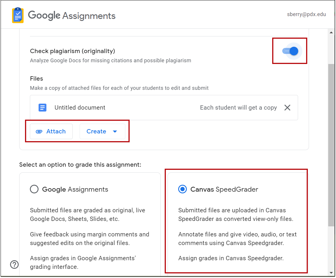 Google Assignment setting screen with options highlighted.