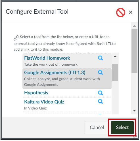External tool menu with Select button highlighted