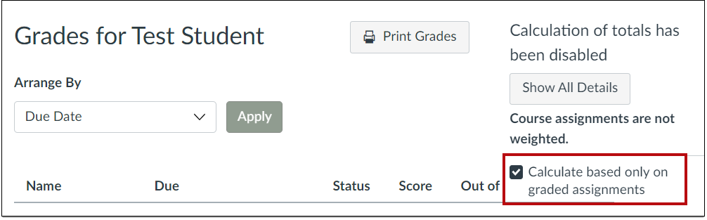 Header of the student grades view showing visibility settings.