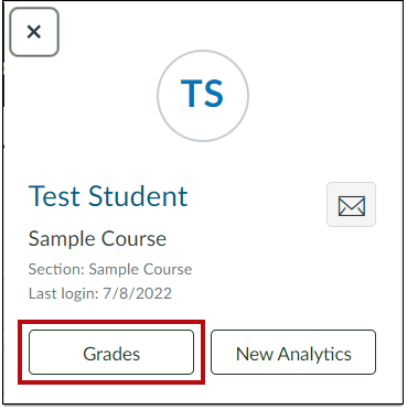 Test student popout window showing Grades button.