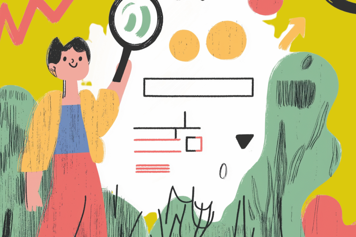 Colorful illustration of a person analyzing abstract shapes with a magnifying glass, surrounded by whimsical plant-like forms.
