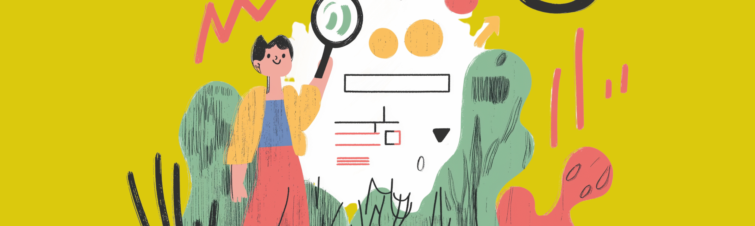 Colorful illustration of a person analyzing abstract shapes with a magnifying glass, surrounded by whimsical plant-like forms.