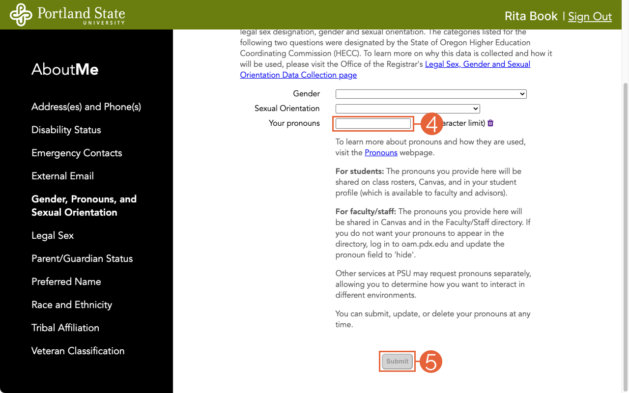 AboutMe page with the text entry box next to “Your pronouns” highlighted with a red box and step number four. The ‘Submit’ button is highlighted with a red box and step number five.