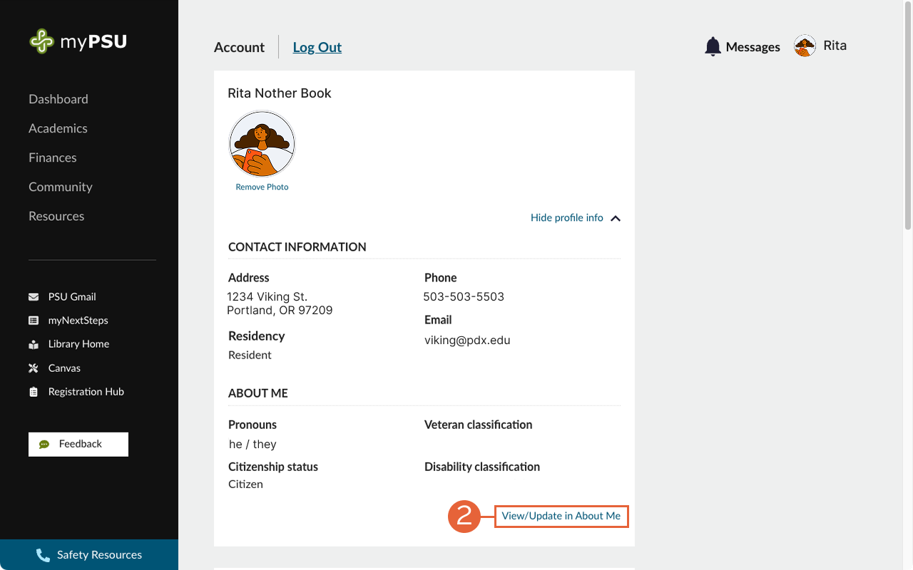 myPSU Account page with ‘View/Update in About Me’ highlighted with a red box and step number two.