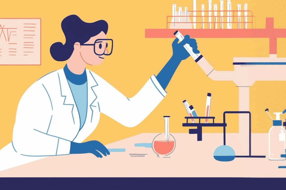 Illustration of a female scientist in a lab, conducting experiments with test tubes and beakers on a bright yellow background.