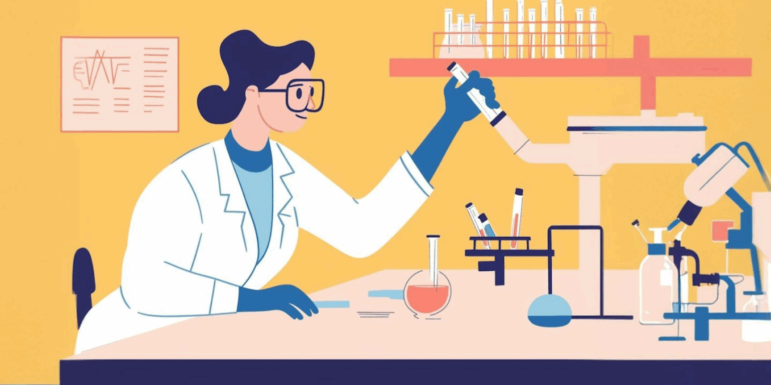 Illustration of a female scientist in a lab, conducting experiments with test tubes and beakers on a bright yellow background.