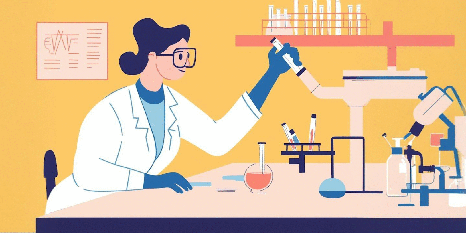 Illustration of a female scientist in a lab, conducting experiments with test tubes and beakers on a bright yellow background.