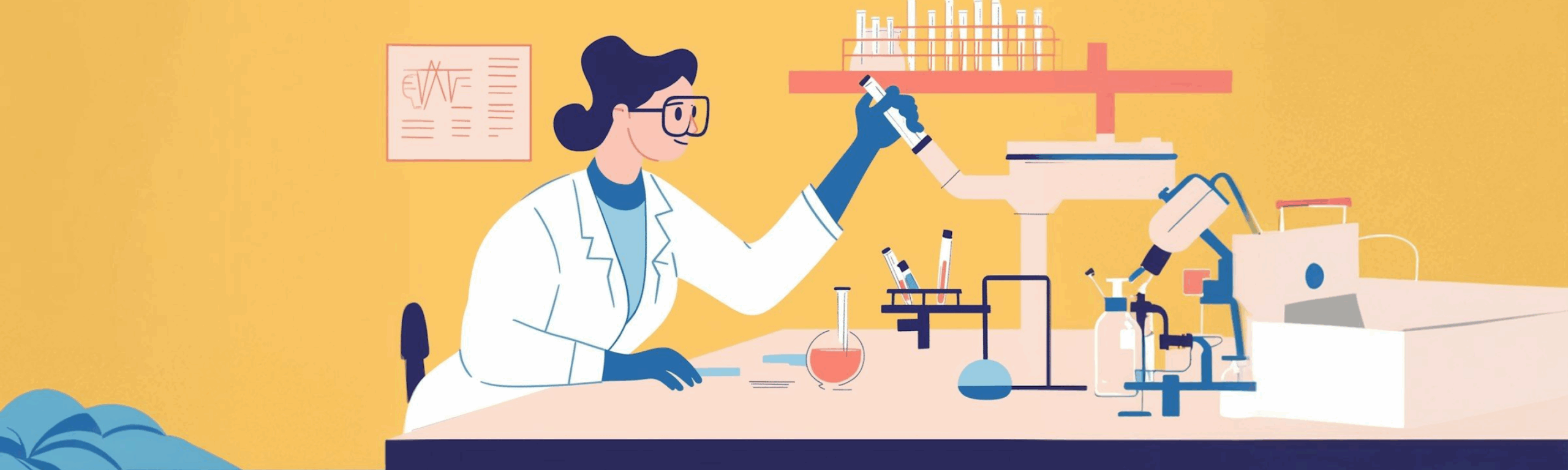 Illustration of a female scientist in a lab, conducting experiments with test tubes and beakers on a bright yellow background.