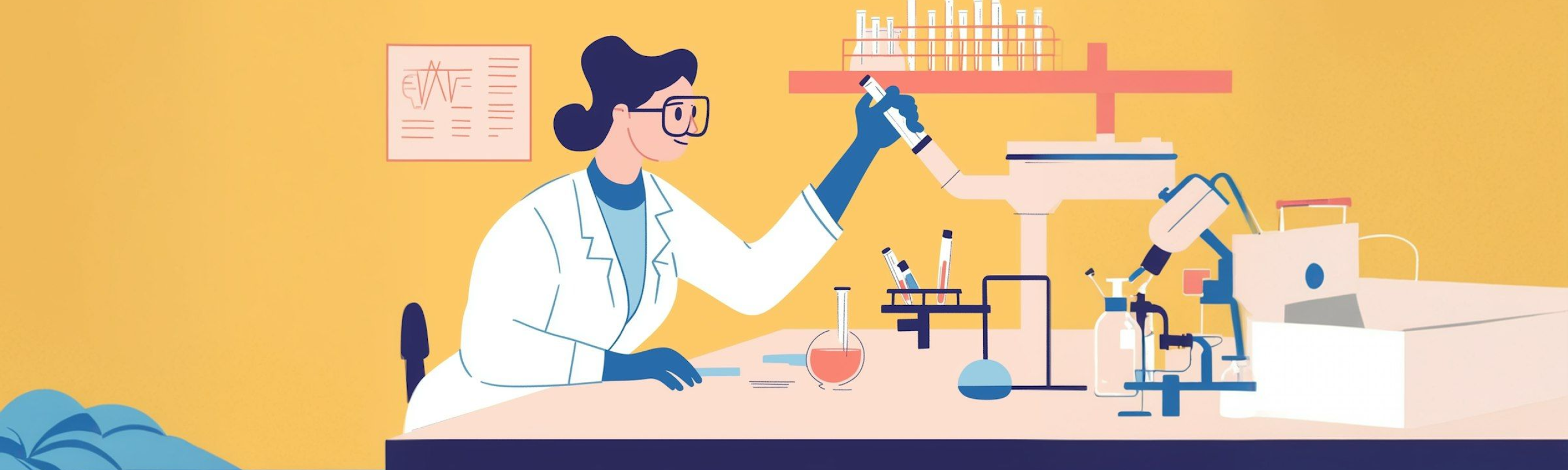 Illustration of a female scientist in a lab, conducting experiments with test tubes and beakers on a bright yellow background.