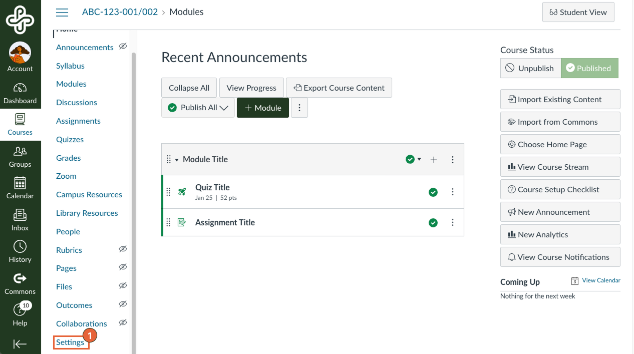 Canvas course navigation with settings tab highlighted