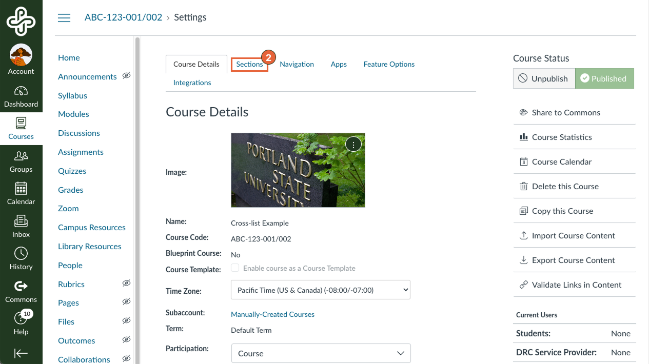 Canvas course details page with sections tab highlighted