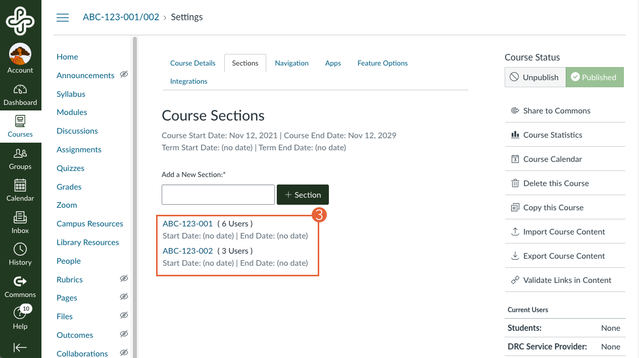 course sections detail