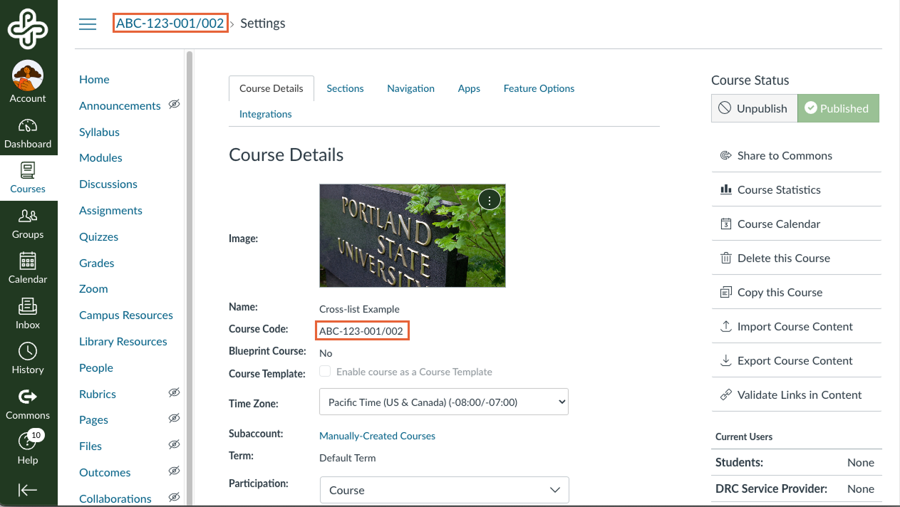 Canvas course details page