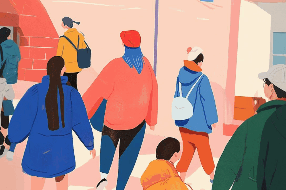 Colorful illustration of people walking in a city, featuring vibrant clothing and a lively urban backdrop.