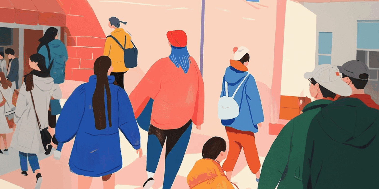 Colorful illustration of people walking in a city, featuring vibrant clothing and a lively urban backdrop.