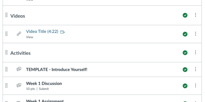 Screenshot of an online course module for Week 1, showing sections for readings, videos, activities, and supplemental materials, each with various items and completion status.