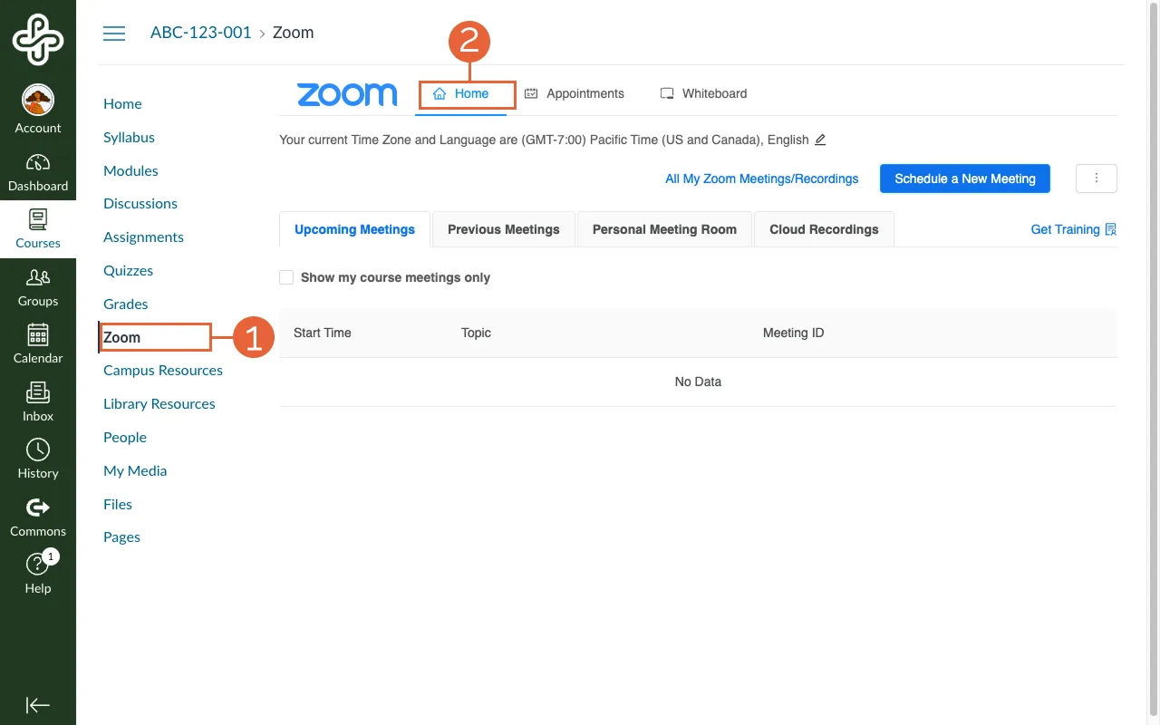 Zoom home displayed from selecting Zoom page in Canvas Course Navigation Menu.
