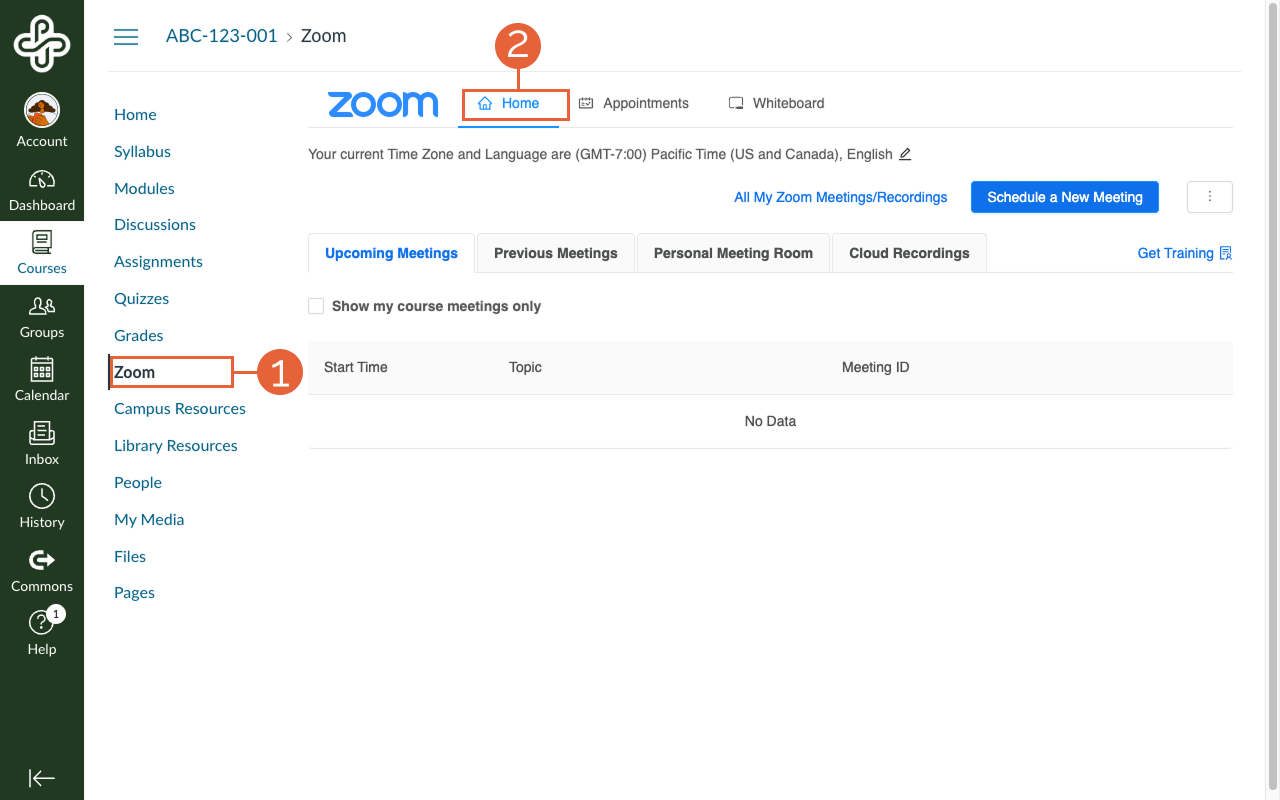 Zoom home displayed from selecting Zoom page in Canvas Course Navigation Menu.