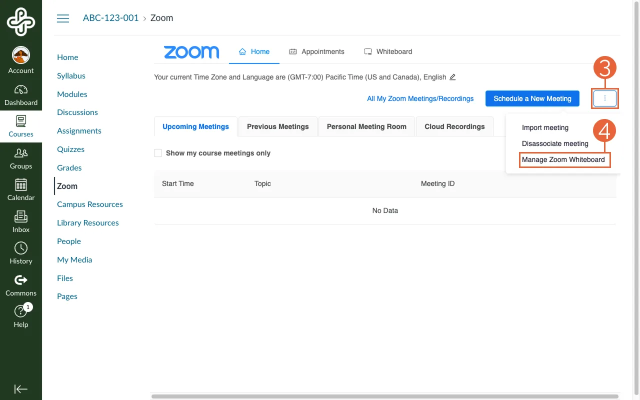 Zoom home screen with options expanded and Manage Zoom Whiteboard highlighted.