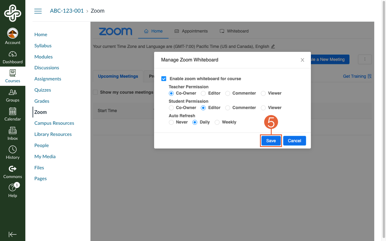 Manage Zoom Whiteboard popup window with recommended settings selected.