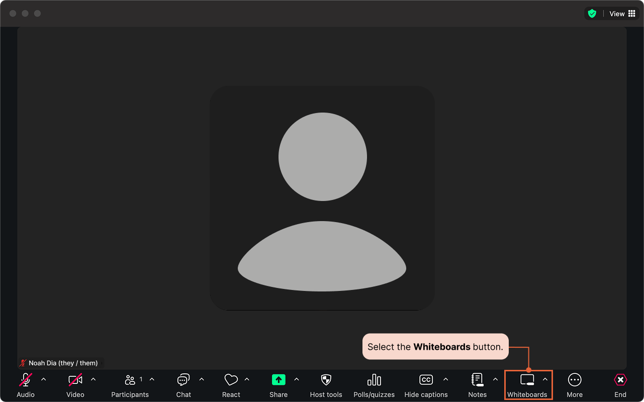 Whiteboards button highlighted from the meeting controls toolbar within a Zoom meeting.