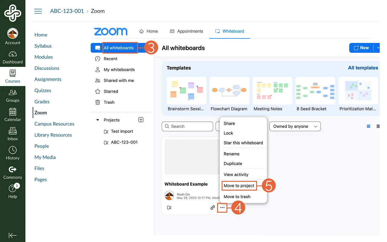 All whiteboards page selected and move to project highlighted from the more options menu to move a whiteboard within the Zoom page in a Canvas course.