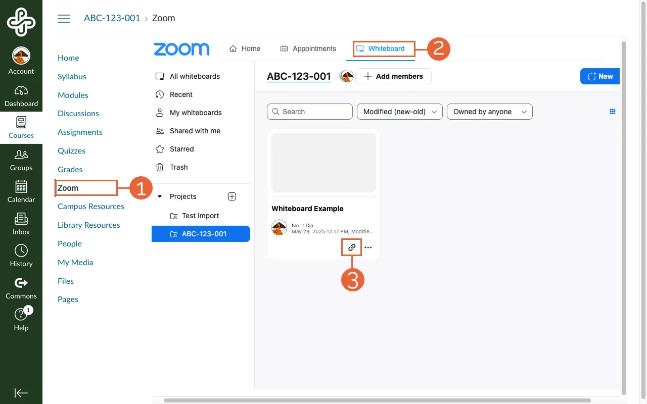 Whiteboard page selected from Zoom Projects section from within Zoom page in Canvas course navigation. Link icon selected from Whiteboard item.