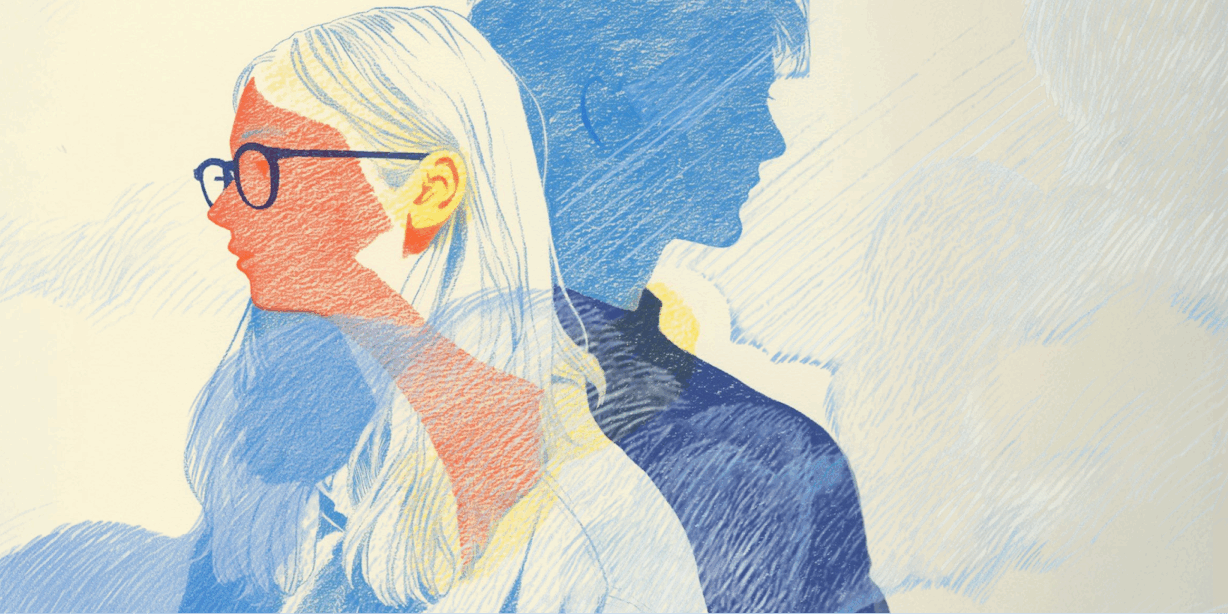 Stylized illustration of a woman with glasses and a shadow self in blue tones, using a limited color palette for a layered effect.