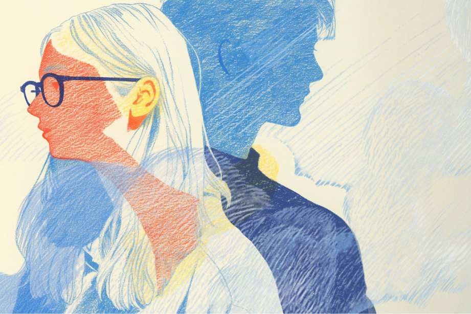 Stylized illustration of a woman with glasses and a shadow self in blue tones, using a limited color palette for a layered effect.