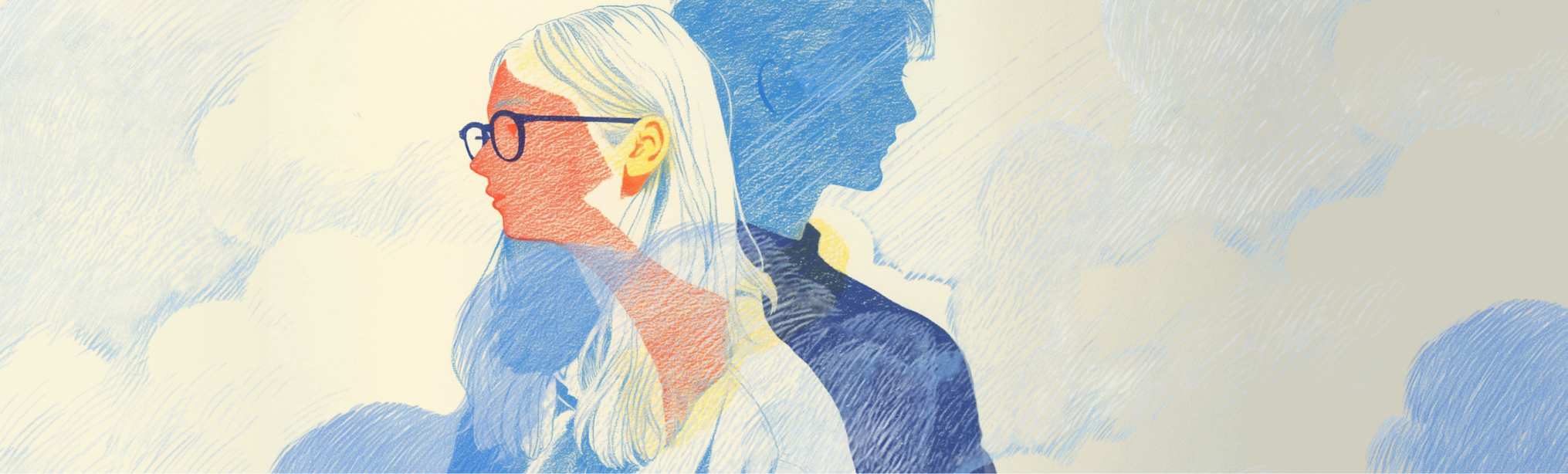 Stylized illustration of a woman with glasses and a shadow self in blue tones, using a limited color palette for a layered effect.