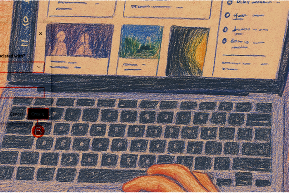 A warm, hand-drawn illustration of a workspace with a laptop, coffee, and notebook, featuring a translucent digital overlay of the Canvas 