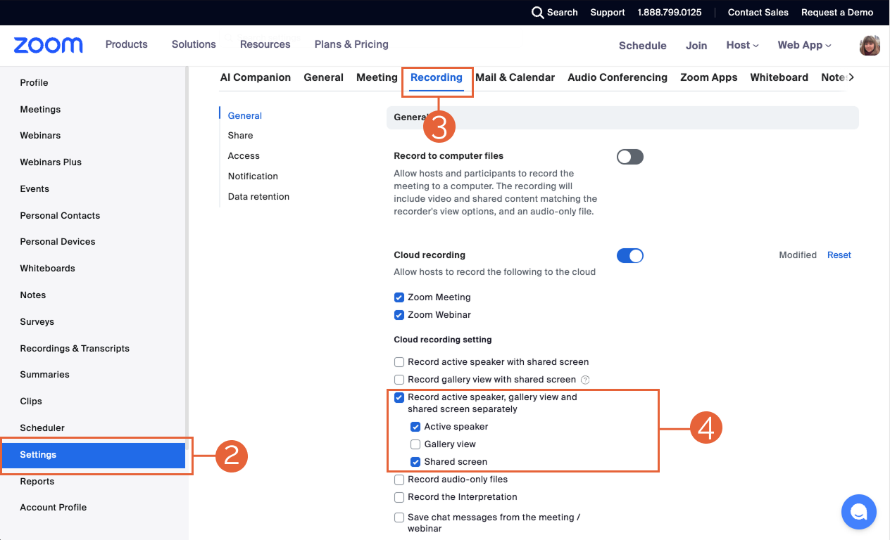 Zoom settings page showing Recording tab with cloud recording options checked for Active speaker and Shared screen