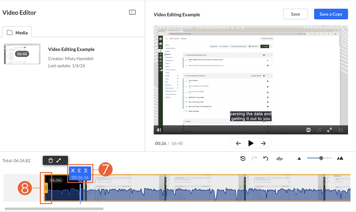Kaltura video editor timeline.