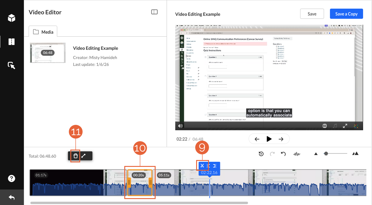 Kaltura video editor with split functions in use.